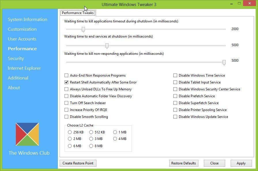 Ultimate Windows Tweaker 3 - настройки производительности