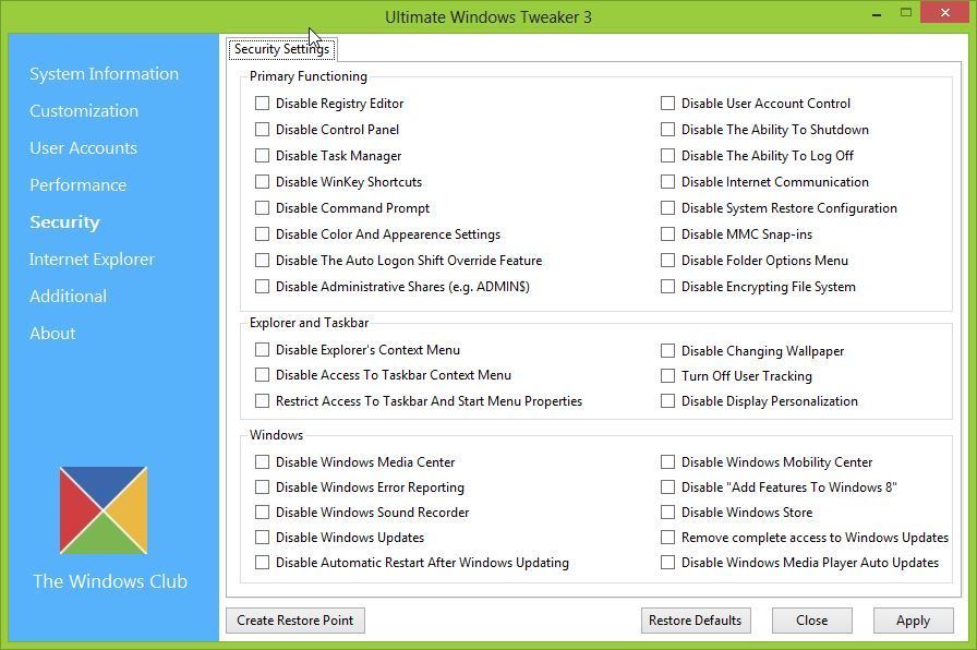 Ultimate Windows Tweaker 3 - вкладка «Безопасность»