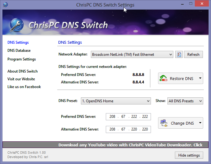 Основной интерфейс ChrisPC DNS Switch