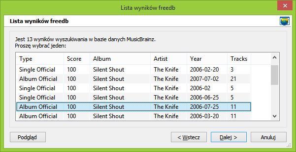 MP3Tag - выбор альбома из списка поиска