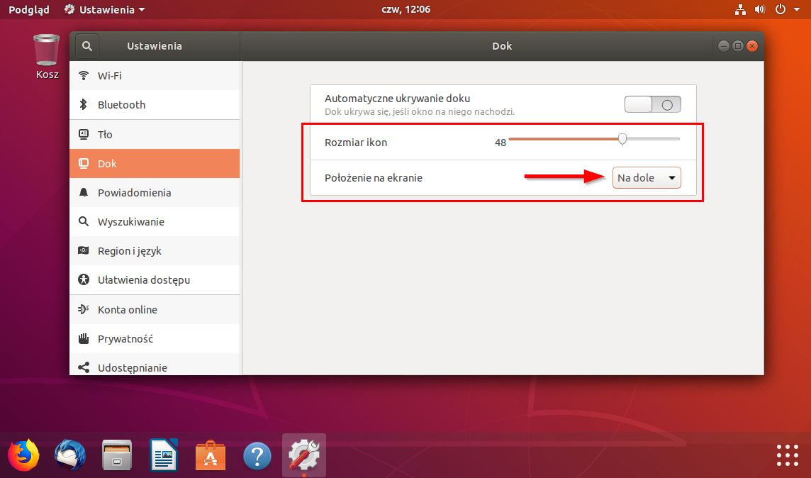 Измените положение док-станции в Ubuntu 17.10 и новее