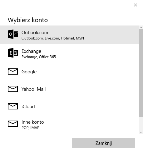 Выбор учетной записи для добавления в Windows 10