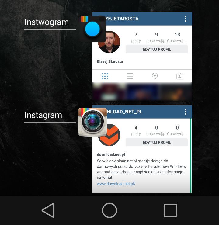 Instwogram и Instagram - две отдельные учетные записи Instagram на одном Android-устройстве