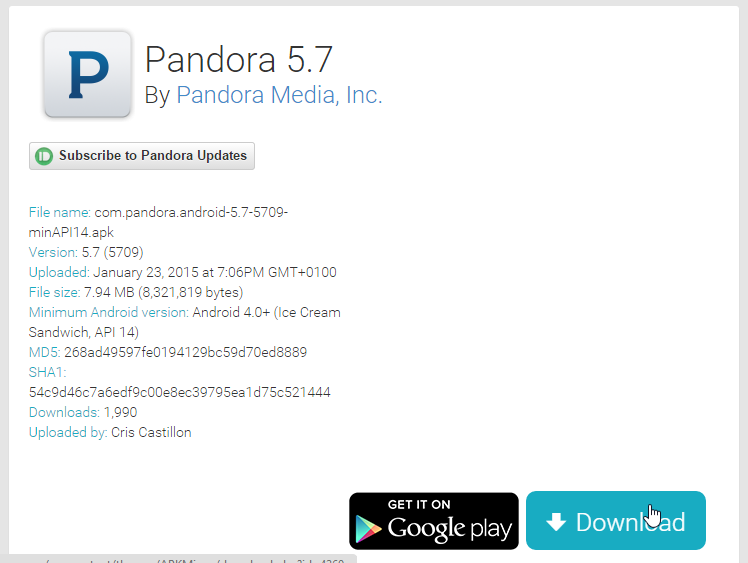 Pandora - загрузка приложения из APK Mirror