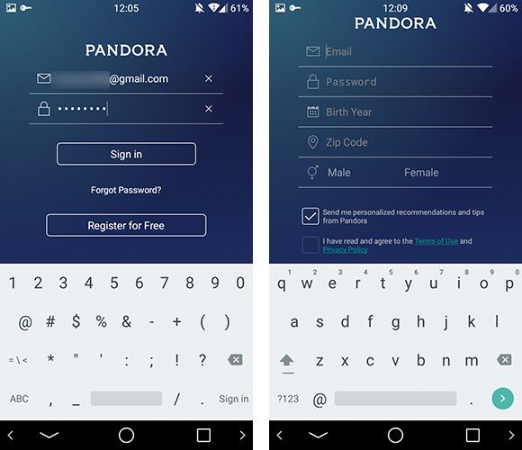Pandora - логин или регистрация