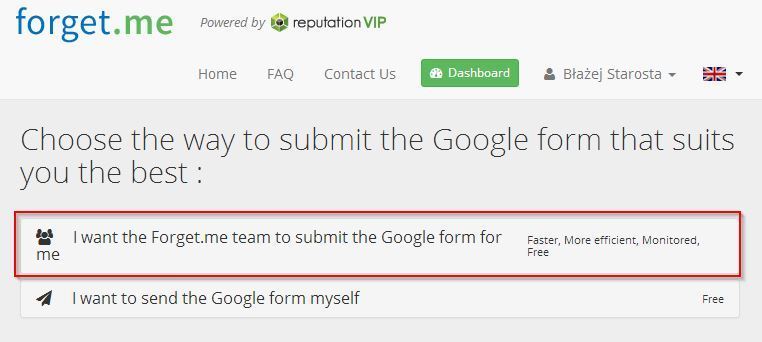 Выбор того, как отправить приложение в Forget.me