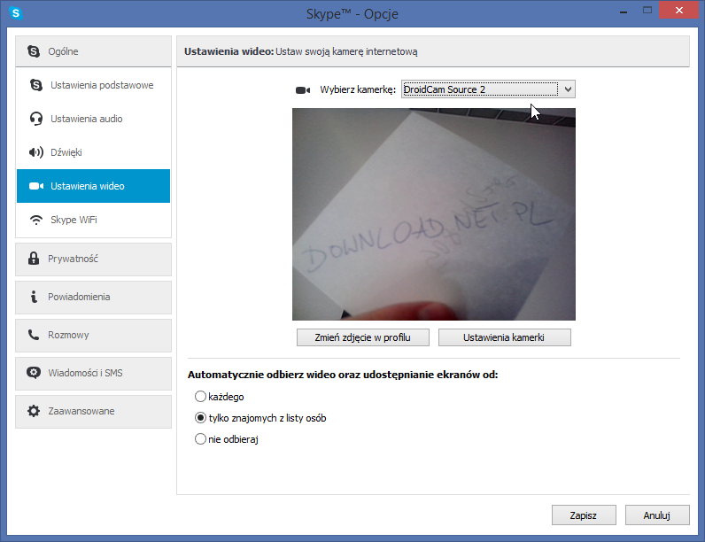 DroidCam - выбор веб-камеры в Skype