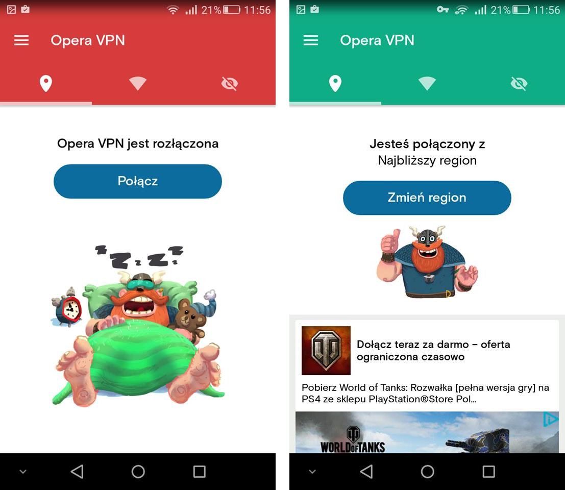 Opera VPN - подключение и выбор области VPN