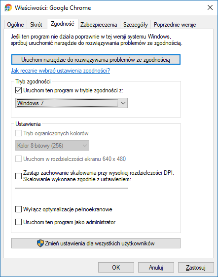Установите режим совместимости для Windows 7