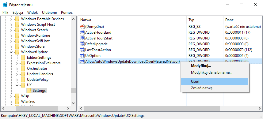Удалить запись AllowAutoWindowsUpdateDownloadOverMeteredNetwork