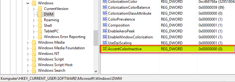 AccentColorInactive - новая запись для цвета неактивных окон