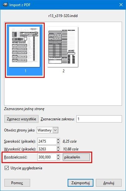 GIMP - опции для импорта из PDF
