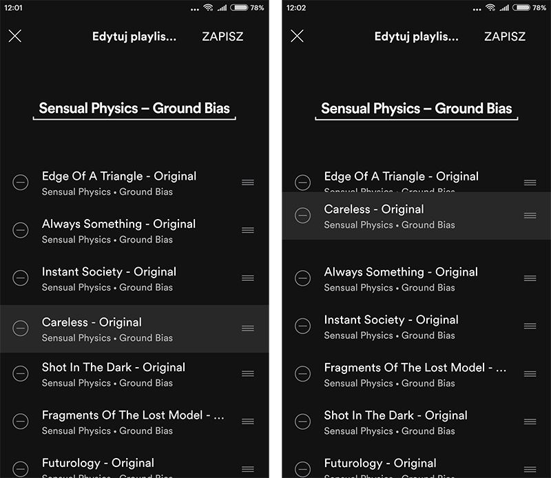 Измените порядок песен в плейлистах в Spotify на Android