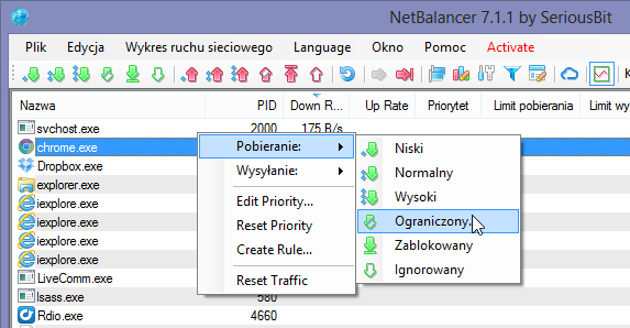 NetBalancer - ограничение лимита передачи