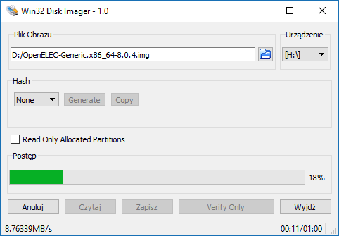 Укажите файл из OpenELEC в Win32 Disk Imager