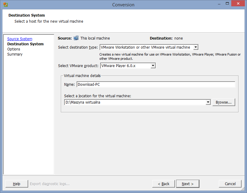 Выбор места сохранения файлов виртуальной машины