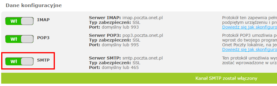 Включить SMTP в Onet