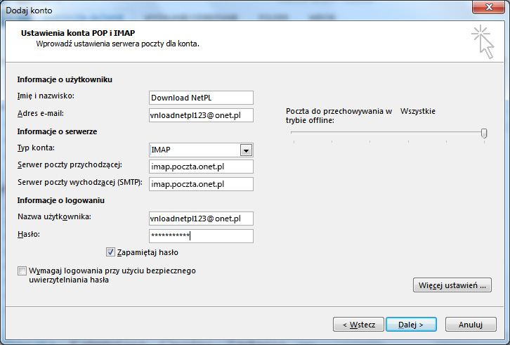 Настройки учетной записи POP / IMAP в Outlook