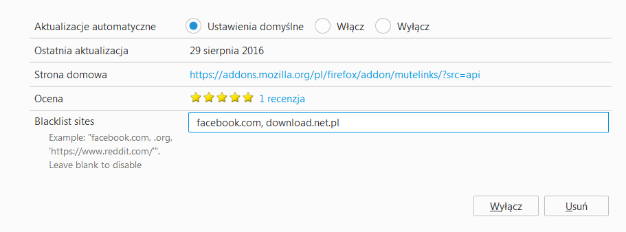 Firefox - Параметры MuteLinks