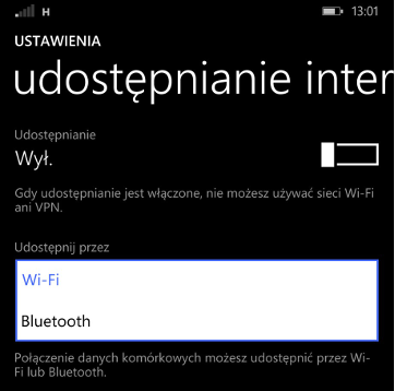 Параметры совместного использования соединения в Windows Phone