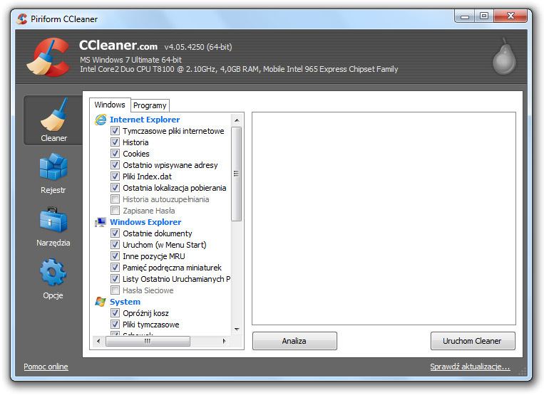 CCleaner - главное окно программы