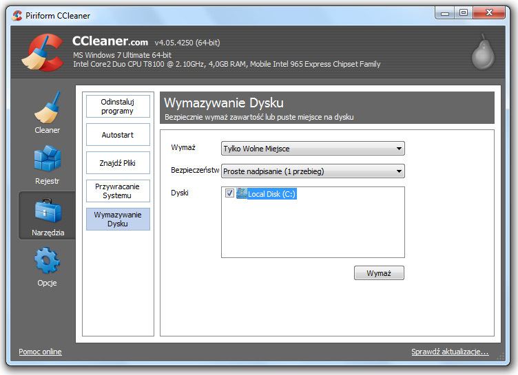 CCleaner - удаление свободного места на диске