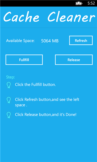 Интерфейс приложения Cache Cleaner в Windows Phone