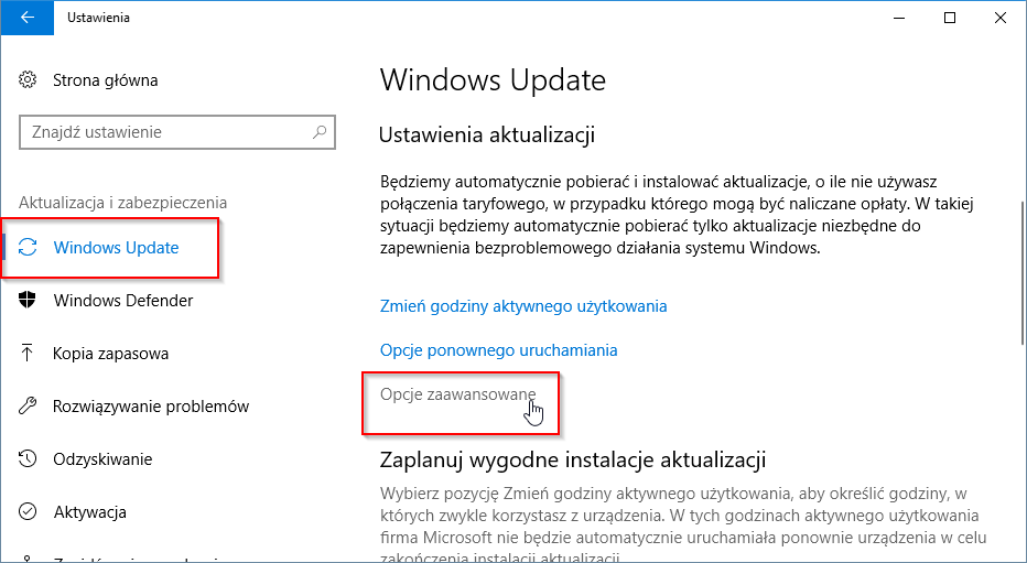 Введите расширенные параметры обновления Windows