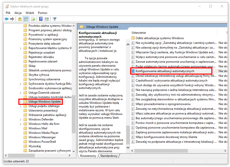 Редактор локальной групповой политики - параметры обновления Windows