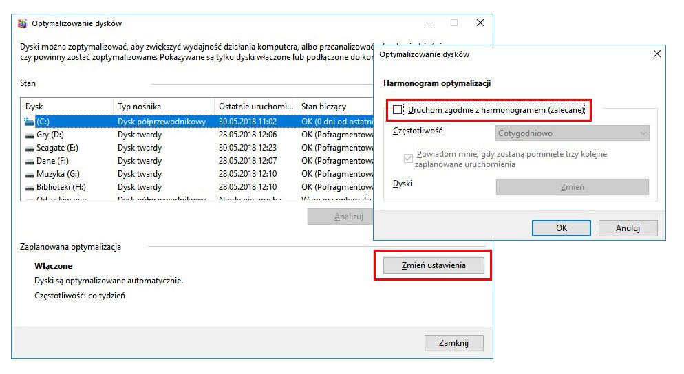 Отключение автоматической оптимизации диска в Windows 10