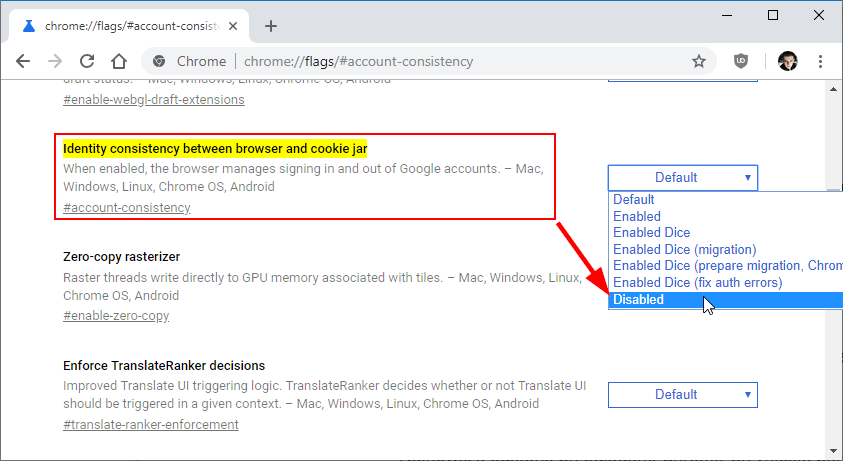 Chrome - отключить согласованность Identity между браузером и опцией cookie cookie