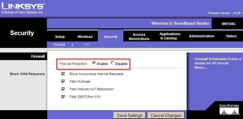 Настройки брандмауэра на маршрутизаторе Linksys