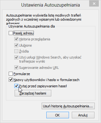 Параметры автозаполнения в Internet Explorer