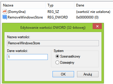 Редактирование значений DWORD для удаления Хранилище Windows 8