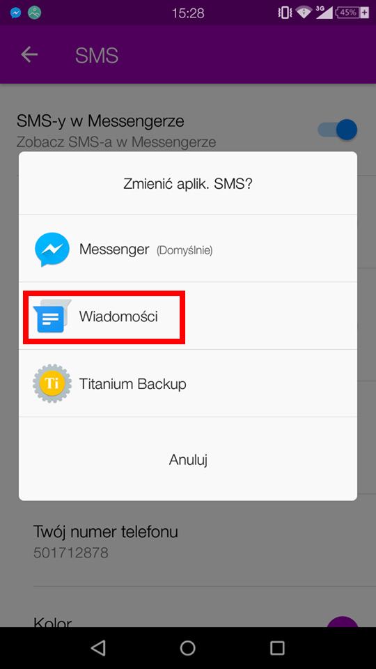 Messenger - изменение приложения по умолчанию для поддержки SMS