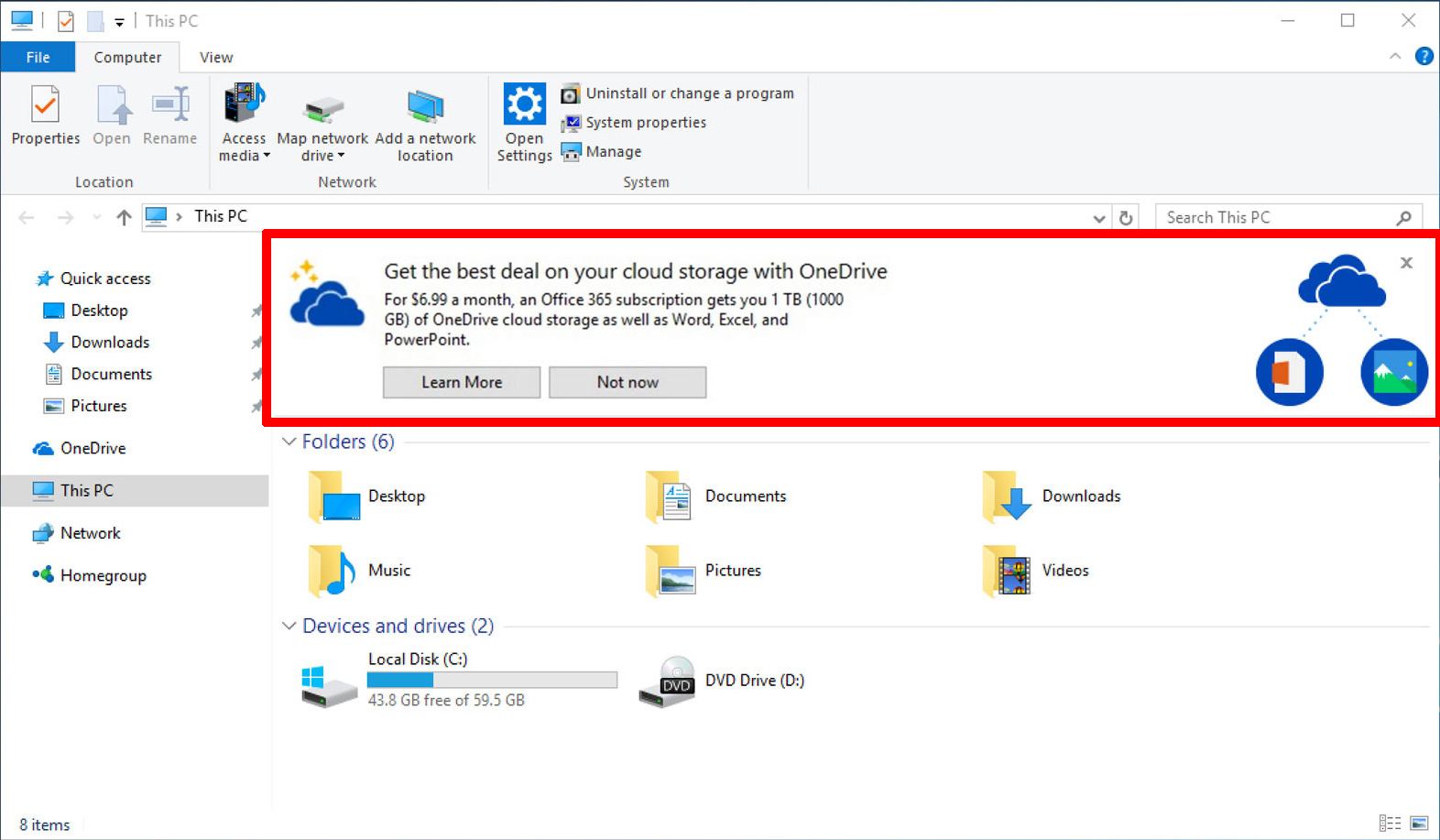 Реклама OneDrive в английской версии Windows 10