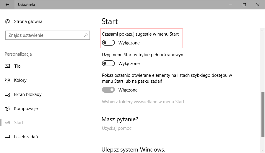 Выключить предложения в меню «Пуск» в Windows 10 Creators Update