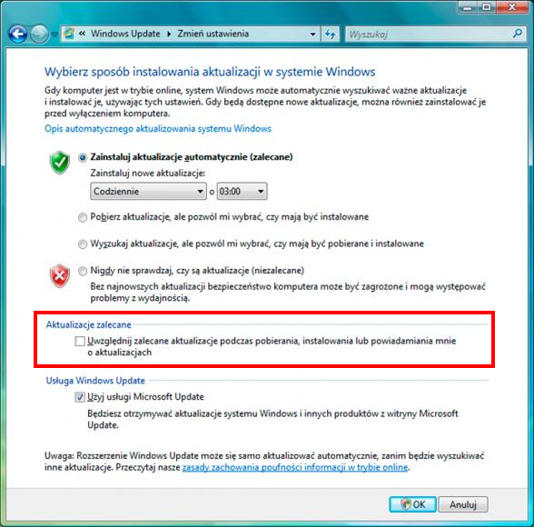 Изменение параметров обновления Windows в Windows 7