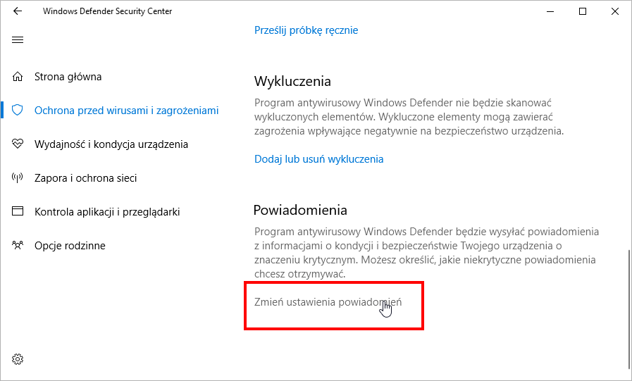 Перейдите в опции уведомления Defender в Windows 10 Creators Update