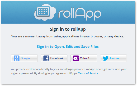 rollApp - войдите в свою учетную запись Google / Facebook / Twitter