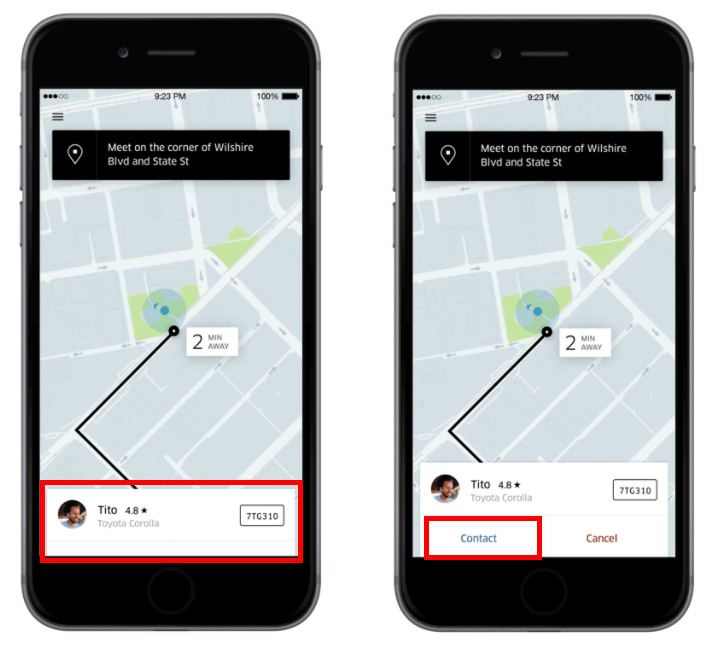 Извлеките карту водителя в Uber и выберите опцию контакта