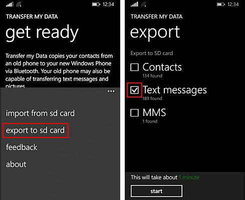 Экспорт SMS-сообщений в Windows Phone