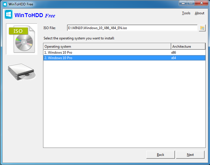 WinToHDD - указание файла ISO