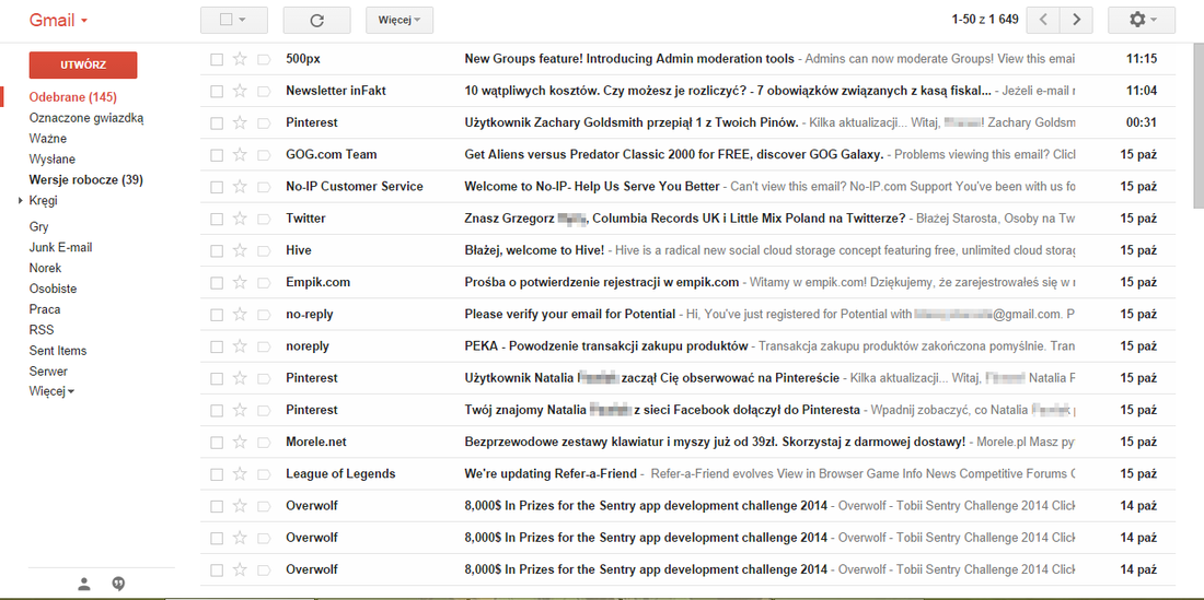 Список сообщений по умолчанию в Gmail