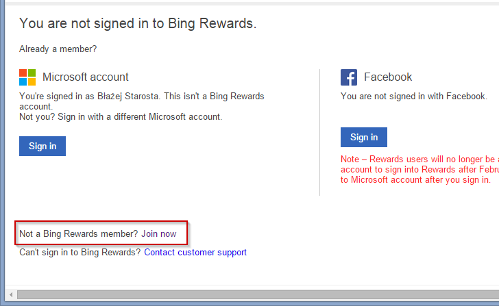 Вход в программу Bing Rewards