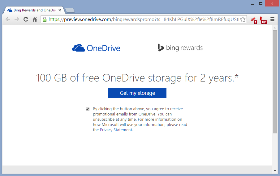 Подтверждение правил и получение 100 ГБ в облаке OneDrive