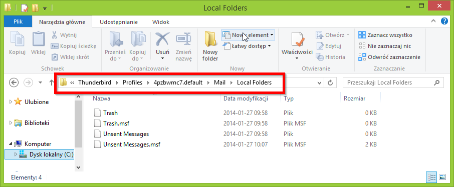 Размещение файла MBOX в каталоге локальных папок Thunderbird
