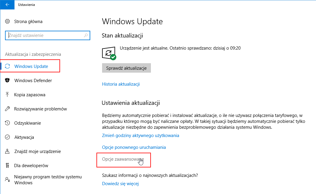 Windows 10 - расширенные параметры Центра обновления Windows