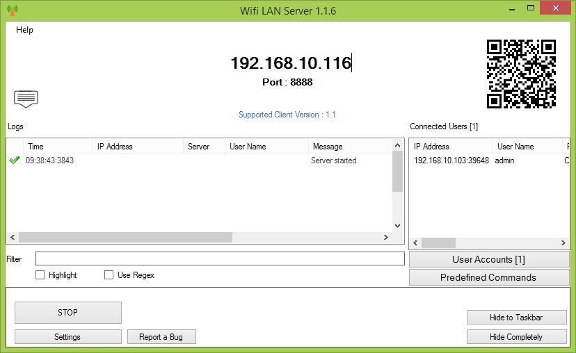Wifi LAN Server - главное окно программы