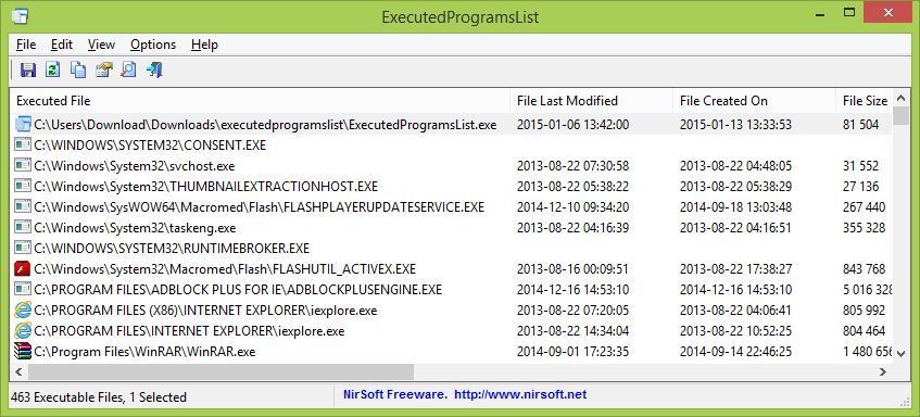 Главное окно программы ExecutedProgramsList
